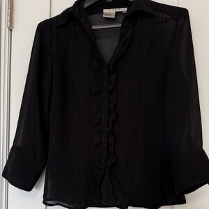 Vintage Black Ruffle Front Sheer Blouse